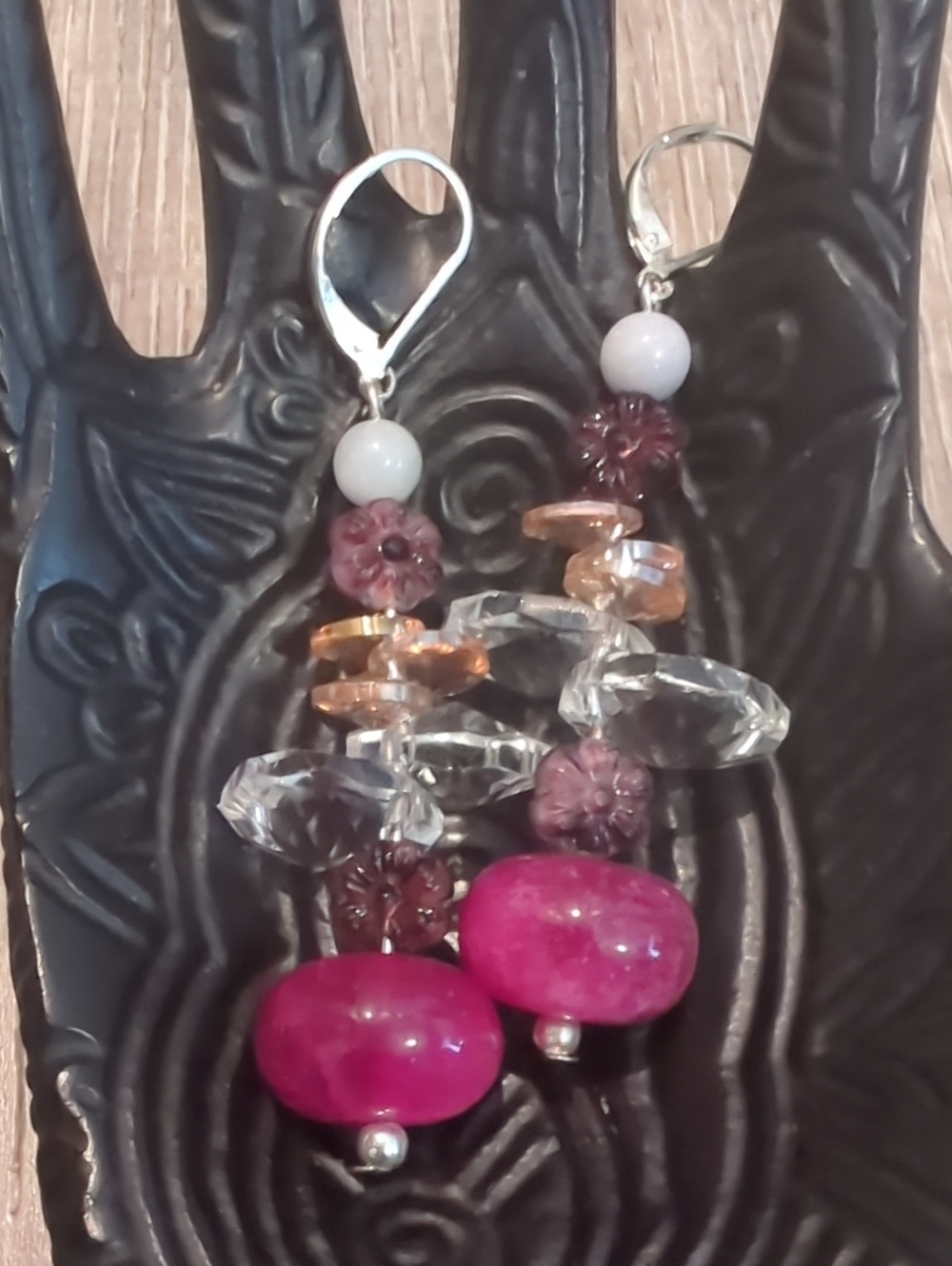 Handcrafted Artisan Pink Red Gemstone Dangle Earrings